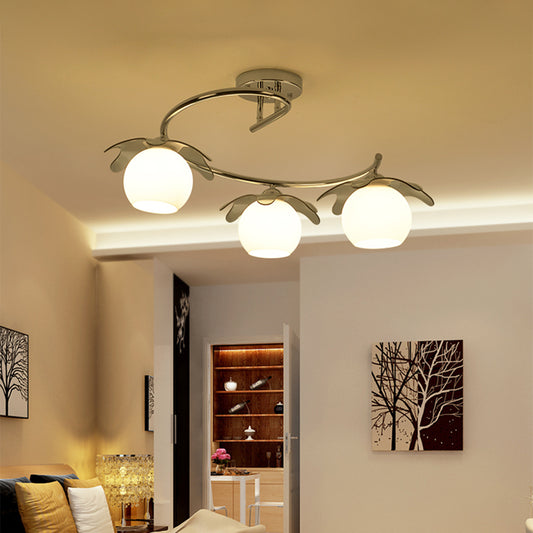 Chrome Ball Semi Flush Light Fixture Modernist 3 Lights Frosted White Glass Flush Lamp with Spiral Arm Clearhalo 'Ceiling Lights' 'Close To Ceiling Lights' 'Close to ceiling' 'Glass shade' 'Glass' 'Semi-flushmount' Lighting' 731084