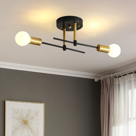 Minimalist Linear Semi Flush Mount Iron 2 Bulbs Bedroom Flush Ceiling Light Fixture in Black Black Clearhalo 'Ceiling Lights' 'Close To Ceiling Lights' 'Close to ceiling' 'Glass shade' 'Glass' 'Pendant Lights' 'Semi-flushmount' Lighting' 731092