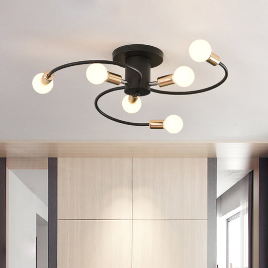 Spiral Arm Iron Semi Flush Lighting Modernism 6-Bulb Black and Gold Close to Ceiling Lamp Black-Gold Clearhalo 'Ceiling Lights' 'Close To Ceiling Lights' 'Close to ceiling' 'Glass shade' 'Glass' 'Semi-flushmount' Lighting' 731097