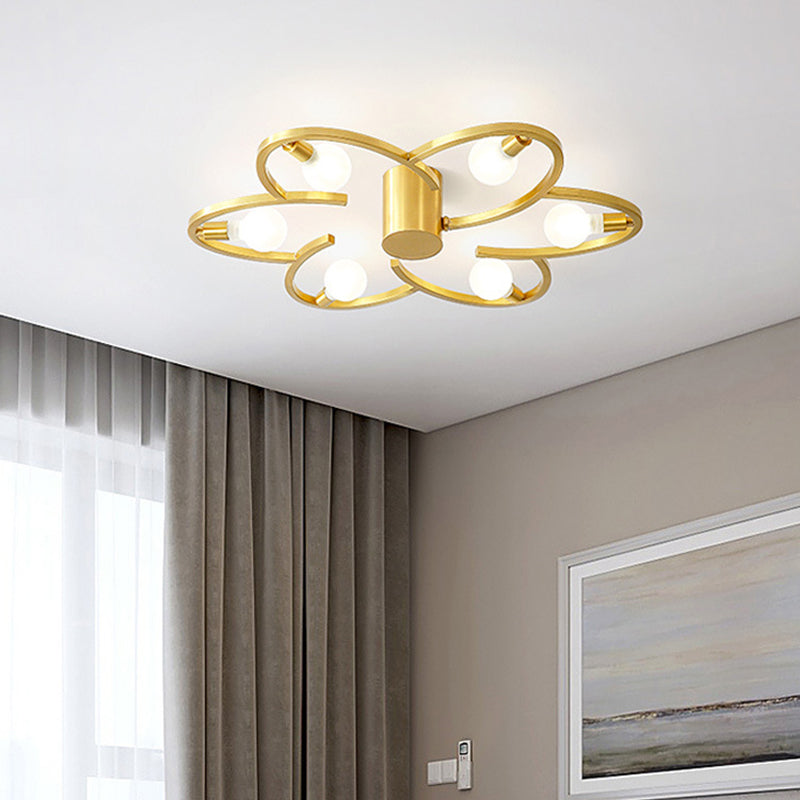 Modern Flower Semi Flush Mount Metallic 5/6-Head Bedroom Close to Ceiling Lighting in Gold Clearhalo 'Ceiling Lights' 'Close To Ceiling Lights' 'Close to ceiling' 'Glass shade' 'Glass' 'Semi-flushmount' Lighting' 731117