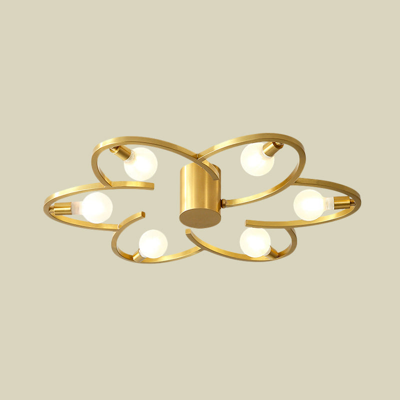 Modern Flower Semi Flush Mount Metallic 5/6-Head Bedroom Close to Ceiling Lighting in Gold Clearhalo 'Ceiling Lights' 'Close To Ceiling Lights' 'Close to ceiling' 'Glass shade' 'Glass' 'Semi-flushmount' Lighting' 731119