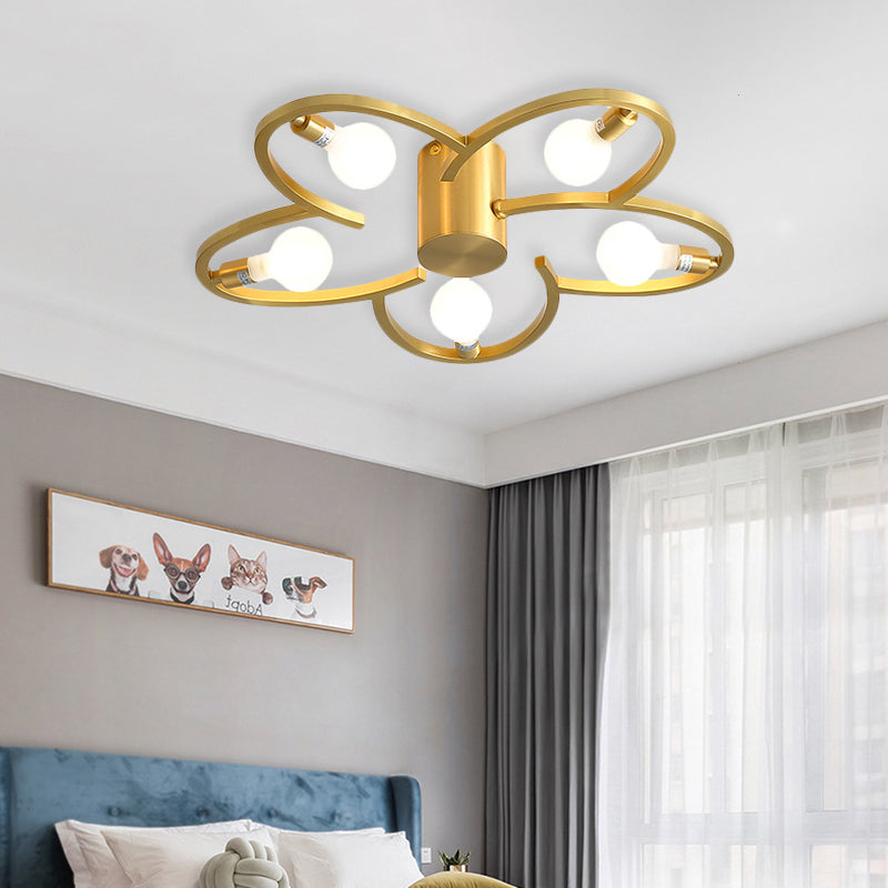 Modern Flower Semi Flush Mount Metallic 5/6-Head Bedroom Close to Ceiling Lighting in Gold 5 Gold Clearhalo 'Ceiling Lights' 'Close To Ceiling Lights' 'Close to ceiling' 'Glass shade' 'Glass' 'Semi-flushmount' Lighting' 731121