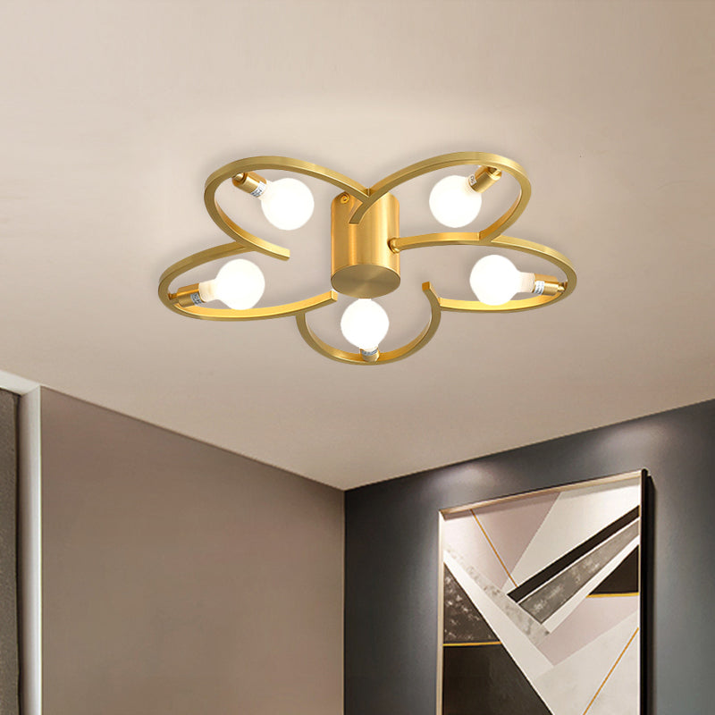 Modern Flower Semi Flush Mount Metallic 5/6-Head Bedroom Close to Ceiling Lighting in Gold Clearhalo 'Ceiling Lights' 'Close To Ceiling Lights' 'Close to ceiling' 'Glass shade' 'Glass' 'Semi-flushmount' Lighting' 731122