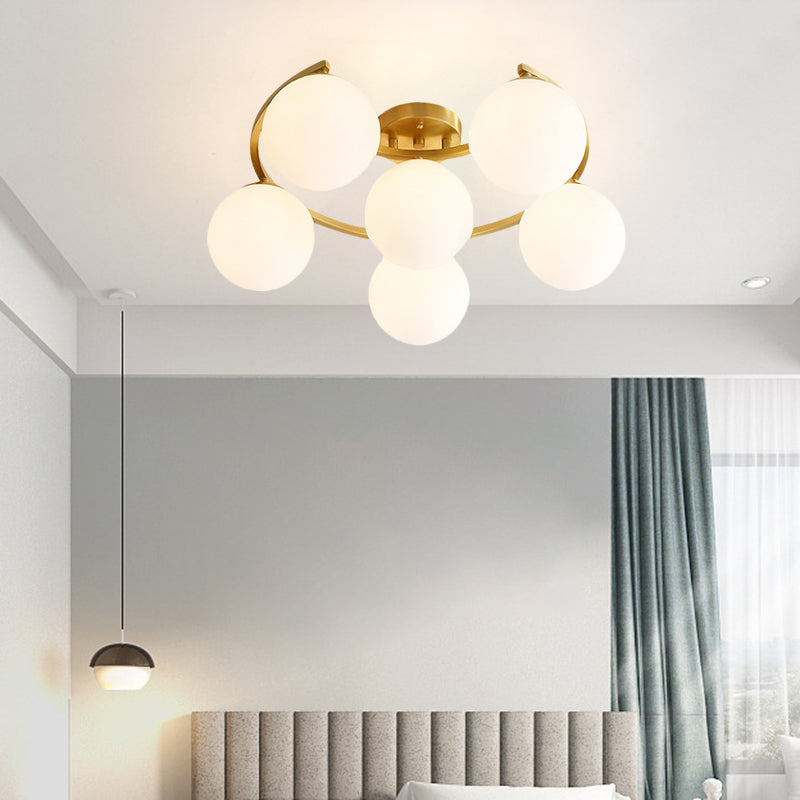 Gold Ball Semi Flushmount Modernist 3/6/8-Light Cream Glass LED Flush Mounted Lamp with Moon Design Clearhalo 'Ceiling Lights' 'Close To Ceiling Lights' 'Close to ceiling' 'Glass shade' 'Glass' 'Semi-flushmount' Lighting' 731126
