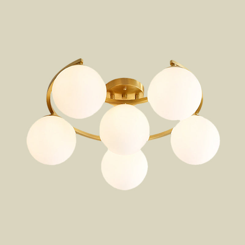 Gold Ball Semi Flushmount Modernist 3/6/8-Light Cream Glass LED Flush Mounted Lamp with Moon Design Clearhalo 'Ceiling Lights' 'Close To Ceiling Lights' 'Close to ceiling' 'Glass shade' 'Glass' 'Semi-flushmount' Lighting' 731128