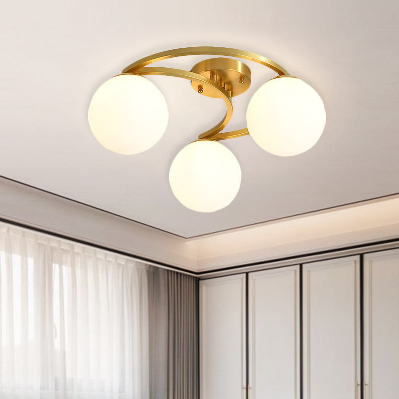 Gold Ball Semi Flushmount Modernist 3/6/8-Light Cream Glass LED Flush Mounted Lamp with Moon Design 3 Gold Clearhalo 'Ceiling Lights' 'Close To Ceiling Lights' 'Close to ceiling' 'Glass shade' 'Glass' 'Semi-flushmount' Lighting' 731130