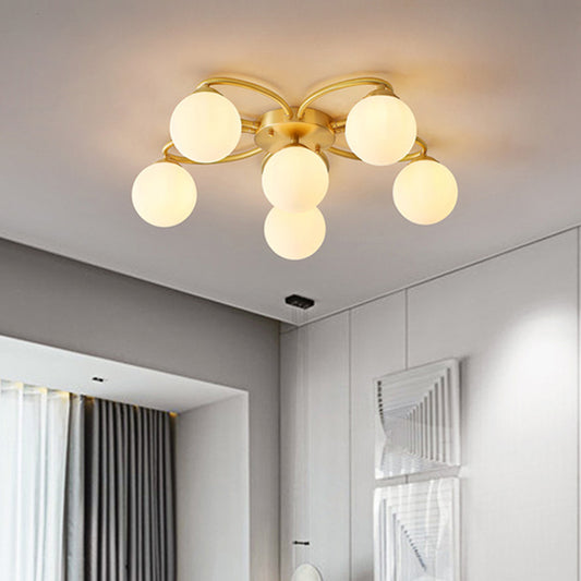 Orb Bedroom Semi Flush Light Opal Glass 6 Heads Modernism Flush Ceiling Lamp in Gold with Flower Design Gold Clearhalo 'Ceiling Lights' 'Close To Ceiling Lights' 'Close to ceiling' 'Glass shade' 'Glass' 'Semi-flushmount' Lighting' 731138