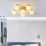 Orb Bedroom Semi Flush Light Opal Glass 6 Heads Modernism Flush Ceiling Lamp in Gold with Flower Design Clearhalo 'Ceiling Lights' 'Close To Ceiling Lights' 'Close to ceiling' 'Glass shade' 'Glass' 'Semi-flushmount' Lighting' 731139