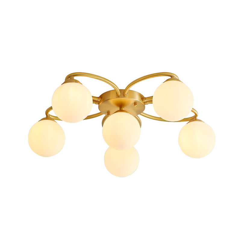 Orb Bedroom Semi Flush Light Opal Glass 6 Heads Modernism Flush Ceiling Lamp in Gold with Flower Design Clearhalo 'Ceiling Lights' 'Close To Ceiling Lights' 'Close to ceiling' 'Glass shade' 'Glass' 'Semi-flushmount' Lighting' 731141