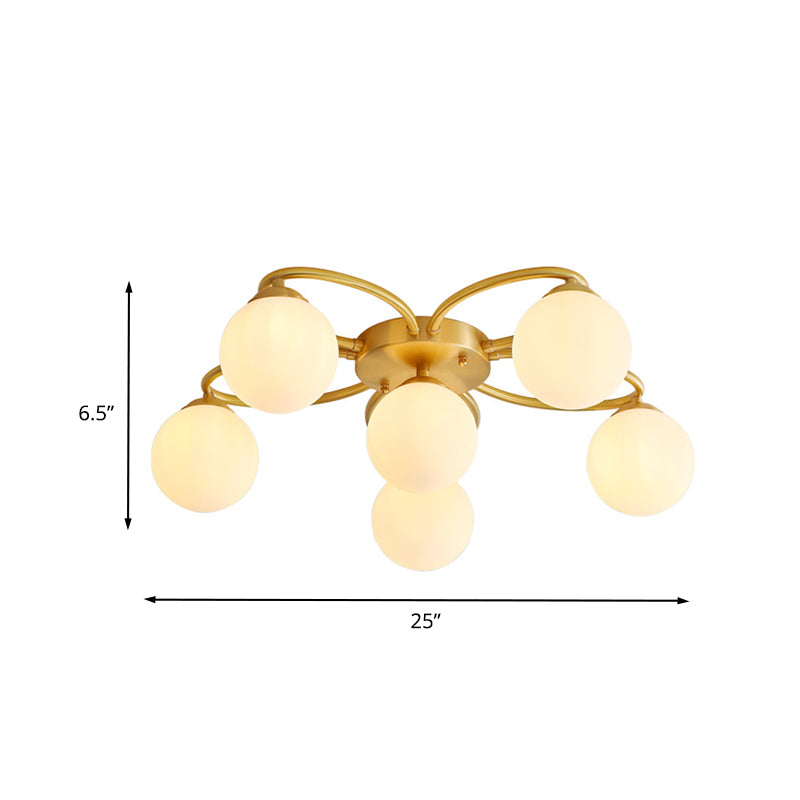 Orb Bedroom Semi Flush Light Opal Glass 6 Heads Modernism Flush Ceiling Lamp in Gold with Flower Design Clearhalo 'Ceiling Lights' 'Close To Ceiling Lights' 'Close to ceiling' 'Glass shade' 'Glass' 'Semi-flushmount' Lighting' 731142