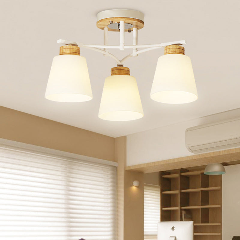 White-Wood Barrel Semi Flush Mounted Light Modernism 3/5 Heads Cream Glass Close to Ceiling Lamp 3 White Clearhalo 'Ceiling Lights' 'Close To Ceiling Lights' 'Close to ceiling' 'Glass shade' 'Glass' 'Semi-flushmount' Lighting' 731148