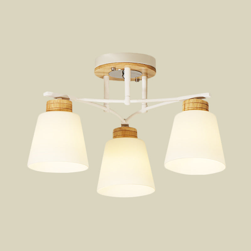 White-Wood Barrel Semi Flush Mounted Light Modernism 3/5 Heads Cream Glass Close to Ceiling Lamp Clearhalo 'Ceiling Lights' 'Close To Ceiling Lights' 'Close to ceiling' 'Glass shade' 'Glass' 'Semi-flushmount' Lighting' 731151