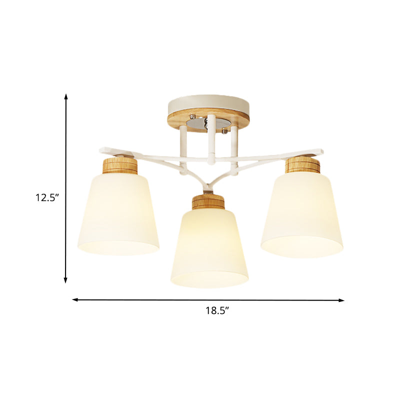 White-Wood Barrel Semi Flush Mounted Light Modernism 3/5 Heads Cream Glass Close to Ceiling Lamp Clearhalo 'Ceiling Lights' 'Close To Ceiling Lights' 'Close to ceiling' 'Glass shade' 'Glass' 'Semi-flushmount' Lighting' 731152