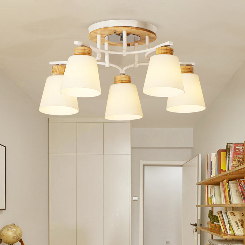 White-Wood Barrel Semi Flush Mounted Light Modernism 3/5 Heads Cream Glass Close to Ceiling Lamp Clearhalo 'Ceiling Lights' 'Close To Ceiling Lights' 'Close to ceiling' 'Glass shade' 'Glass' 'Semi-flushmount' Lighting' 731154