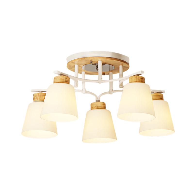 White-Wood Barrel Semi Flush Mounted Light Modernism 3/5 Heads Cream Glass Close to Ceiling Lamp Clearhalo 'Ceiling Lights' 'Close To Ceiling Lights' 'Close to ceiling' 'Glass shade' 'Glass' 'Semi-flushmount' Lighting' 731155