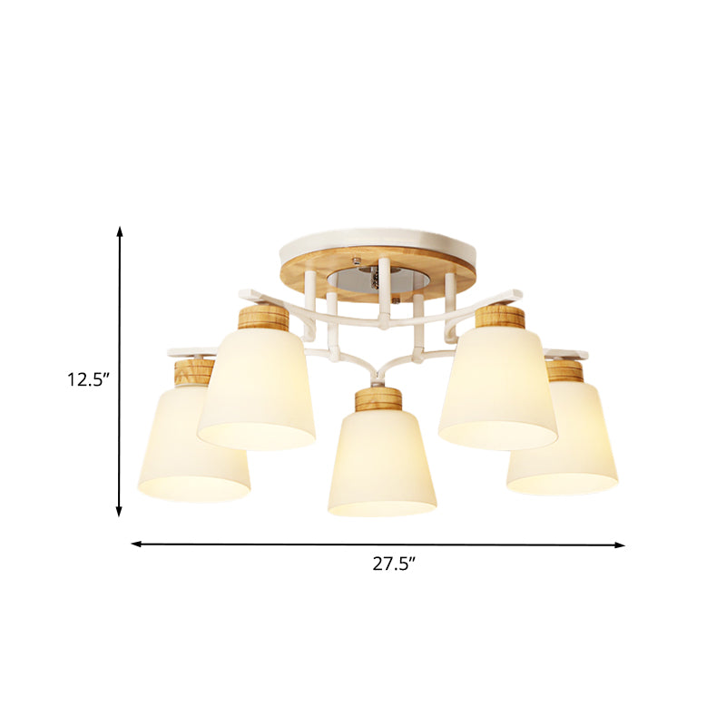 White-Wood Barrel Semi Flush Mounted Light Modernism 3/5 Heads Cream Glass Close to Ceiling Lamp Clearhalo 'Ceiling Lights' 'Close To Ceiling Lights' 'Close to ceiling' 'Glass shade' 'Glass' 'Semi-flushmount' Lighting' 731156