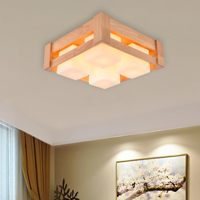 White Glass Square Flushmount Light Modern Asia 4-Light Wood LED Flush Lamp for Living Room Clearhalo 'Ceiling Lights' 'Close To Ceiling Lights' 'Close to ceiling' 'Flush mount' Lighting' 731163