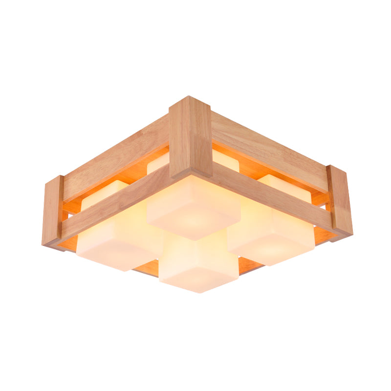 White Glass Square Flushmount Light Modern Asia 4-Light Wood LED Flush Lamp for Living Room Clearhalo 'Ceiling Lights' 'Close To Ceiling Lights' 'Close to ceiling' 'Flush mount' Lighting' 731164