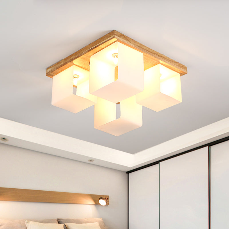 Cube Frame Flush Mount Fixture Japanese White Glass 4-Head Wood LED Flush Ceiling Lighting White Clearhalo 'Ceiling Lights' 'Close To Ceiling Lights' 'Close to ceiling' 'Flush mount' Lighting' 731167