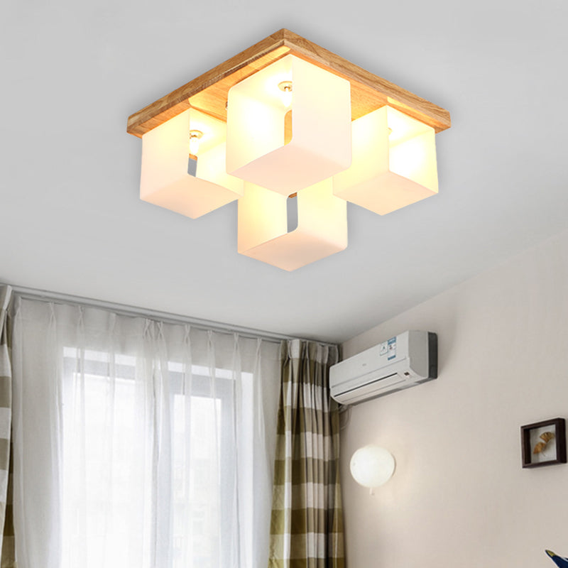 Cube Frame Flush Mount Fixture Japanese White Glass 4-Head Wood LED Flush Ceiling Lighting Clearhalo 'Ceiling Lights' 'Close To Ceiling Lights' 'Close to ceiling' 'Flush mount' Lighting' 731168