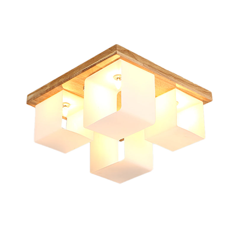 Cube Frame Flush Mount Fixture Japanese White Glass 4-Head Wood LED Flush Ceiling Lighting Clearhalo 'Ceiling Lights' 'Close To Ceiling Lights' 'Close to ceiling' 'Flush mount' Lighting' 731169