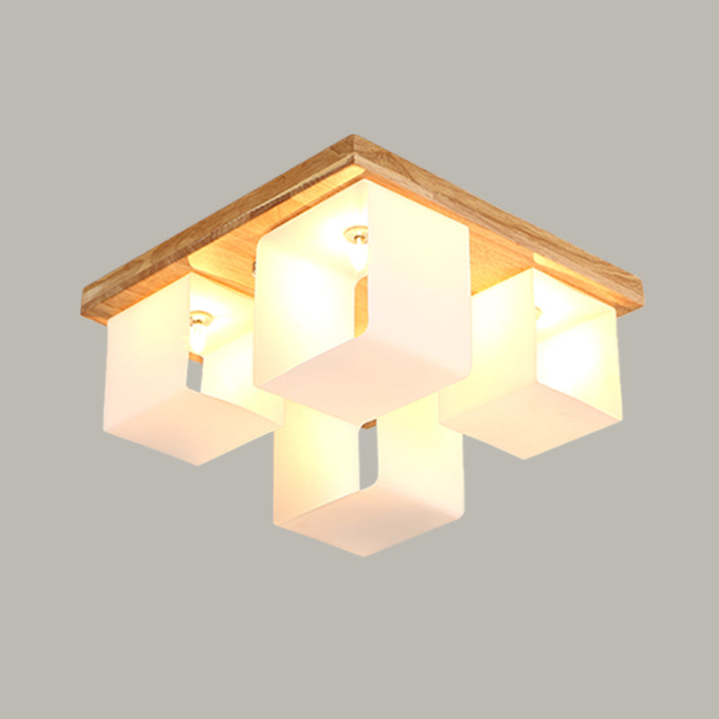 Cube Frame Flush Mount Fixture Japanese White Glass 4-Head Wood LED Flush Ceiling Lighting Clearhalo 'Ceiling Lights' 'Close To Ceiling Lights' 'Close to ceiling' 'Flush mount' Lighting' 731170