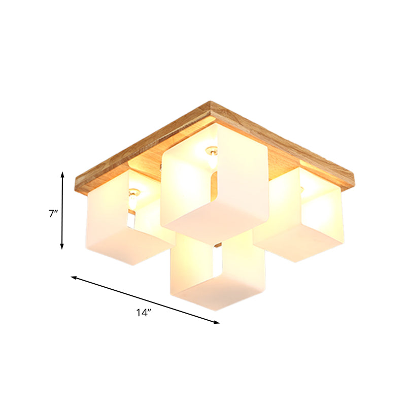 Cube Frame Flush Mount Fixture Japanese White Glass 4-Head Wood LED Flush Ceiling Lighting Clearhalo 'Ceiling Lights' 'Close To Ceiling Lights' 'Close to ceiling' 'Flush mount' Lighting' 731171