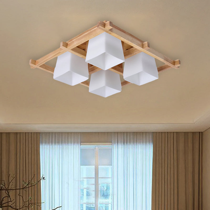 White Glass Trapezoid Flush Light Japanese 4/6-Bulb Ceiling Mounted Fixture with Wood Grid Frame Clearhalo 'Ceiling Lights' 'Close To Ceiling Lights' 'Close to ceiling' 'Flush mount' Lighting' 731173