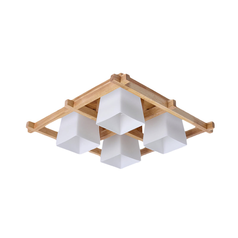 White Glass Trapezoid Flush Light Japanese 4/6-Bulb Ceiling Mounted Fixture with Wood Grid Frame Clearhalo 'Ceiling Lights' 'Close To Ceiling Lights' 'Close to ceiling' 'Flush mount' Lighting' 731174