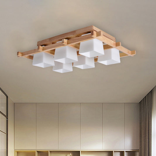 White Glass Trapezoid Flush Light Japanese 4/6-Bulb Ceiling Mounted Fixture with Wood Grid Frame 6 White Clearhalo 'Ceiling Lights' 'Close To Ceiling Lights' 'Close to ceiling' 'Flush mount' Lighting' 731177