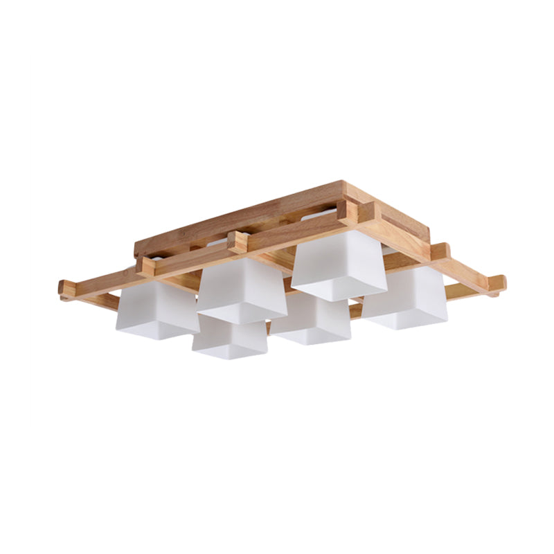 White Glass Trapezoid Flush Light Japanese 4/6-Bulb Ceiling Mounted Fixture with Wood Grid Frame Clearhalo 'Ceiling Lights' 'Close To Ceiling Lights' 'Close to ceiling' 'Flush mount' Lighting' 731179