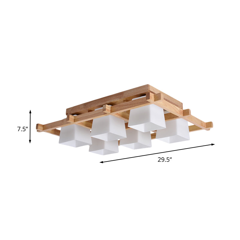 White Glass Trapezoid Flush Light Japanese 4/6-Bulb Ceiling Mounted Fixture with Wood Grid Frame Clearhalo 'Ceiling Lights' 'Close To Ceiling Lights' 'Close to ceiling' 'Flush mount' Lighting' 731180