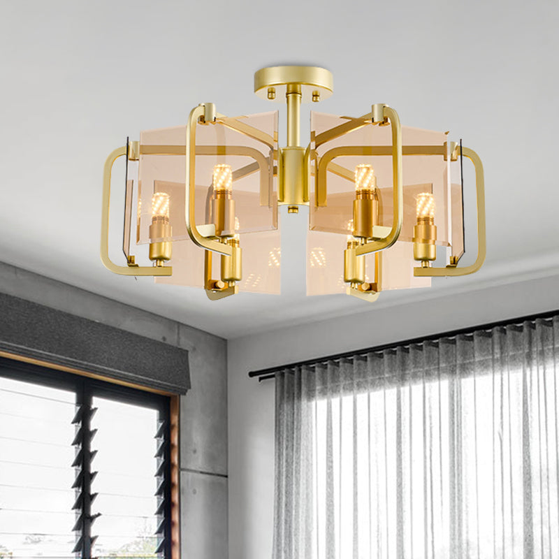 Gold Rectangle Panel Semi Flush Light Modernist 6 Bulbs Tan Glass Flush Mounted Lamp with Drum Design Gold Clearhalo 'Ceiling Lights' 'Chandeliers' 'Close To Ceiling Lights' 'Close to ceiling' 'Glass shade' 'Glass' 'Semi-flushmount' Lighting' 731194