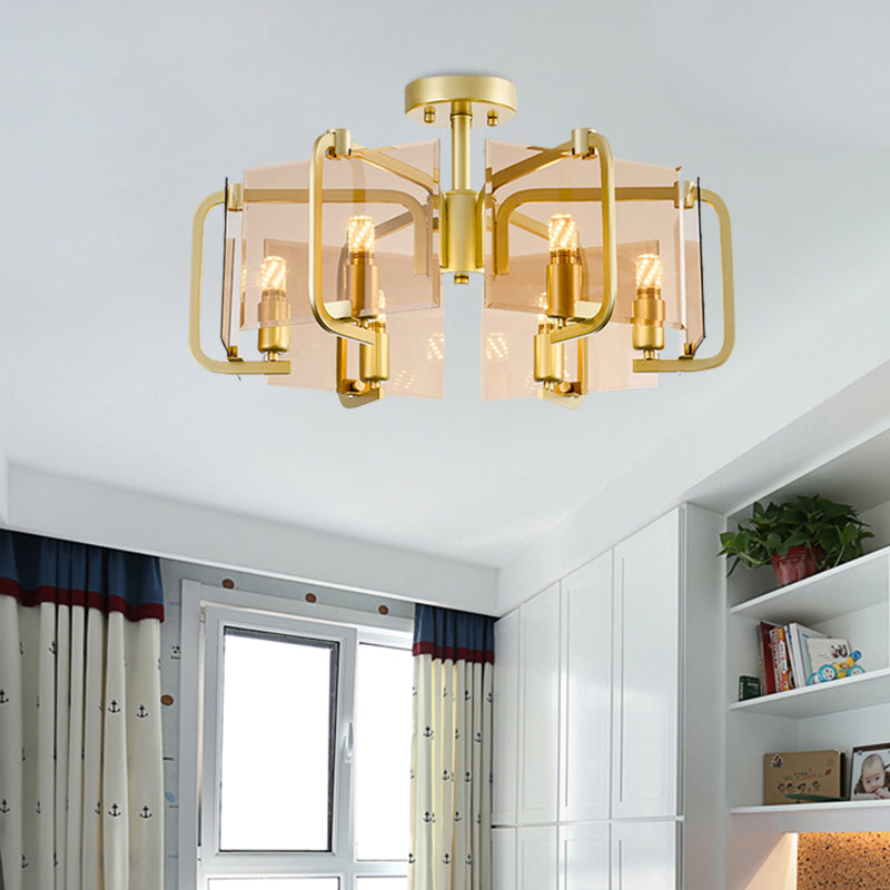 Gold Rectangle Panel Semi Flush Light Modernist 6 Bulbs Tan Glass Flush Mounted Lamp with Drum Design Clearhalo 'Ceiling Lights' 'Chandeliers' 'Close To Ceiling Lights' 'Close to ceiling' 'Glass shade' 'Glass' 'Semi-flushmount' Lighting' 731195