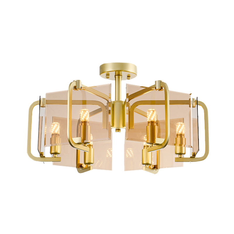 Gold Rectangle Panel Semi Flush Light Modernist 6 Bulbs Tan Glass Flush Mounted Lamp with Drum Design Clearhalo 'Ceiling Lights' 'Chandeliers' 'Close To Ceiling Lights' 'Close to ceiling' 'Glass shade' 'Glass' 'Semi-flushmount' Lighting' 731196