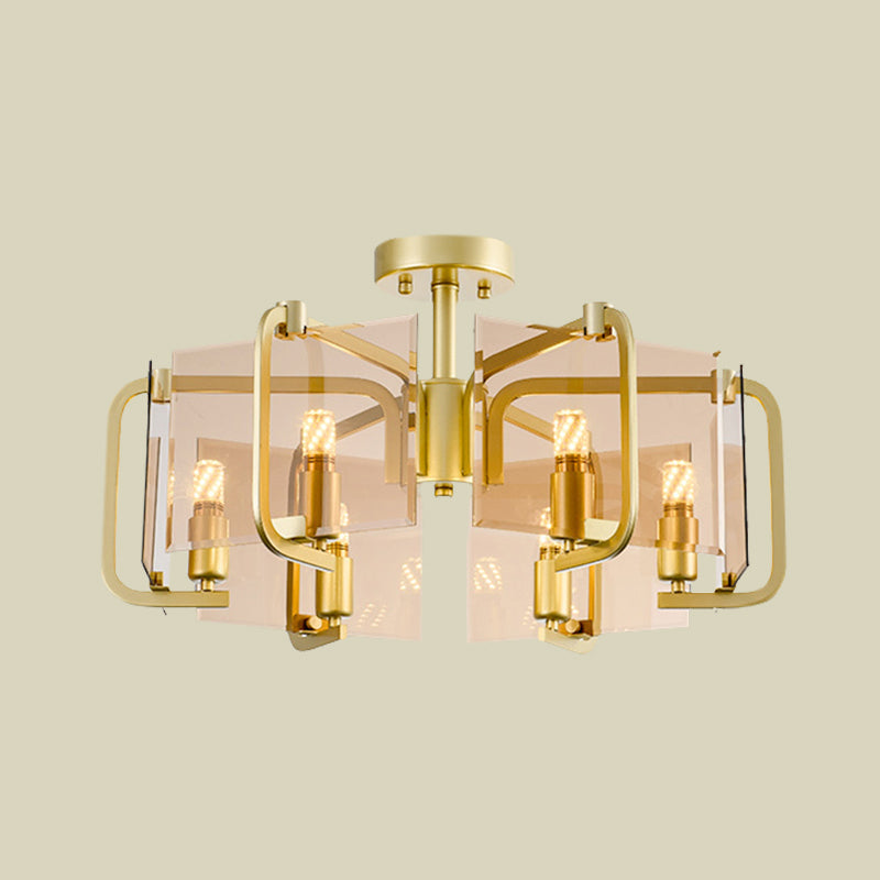 Gold Rectangle Panel Semi Flush Light Modernist 6 Bulbs Tan Glass Flush Mounted Lamp with Drum Design Clearhalo 'Ceiling Lights' 'Chandeliers' 'Close To Ceiling Lights' 'Close to ceiling' 'Glass shade' 'Glass' 'Semi-flushmount' Lighting' 731197