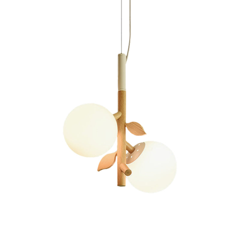 Modernist Ball Chandelier White Frosted Glass 2/3 Heads Dining Room Wood Ceiling Lamp with Vertical Branch Rod Clearhalo 'Ceiling Lights' 'Chandeliers' 'Glass shade' 'Glass' 'Modern Chandeliers' 'Modern' Lighting' 731206