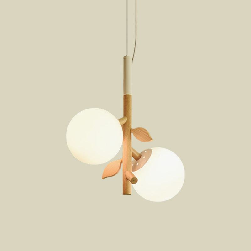 Modernist Ball Chandelier White Frosted Glass 2/3 Heads Dining Room Wood Ceiling Lamp with Vertical Branch Rod Clearhalo 'Ceiling Lights' 'Chandeliers' 'Glass shade' 'Glass' 'Modern Chandeliers' 'Modern' Lighting' 731207