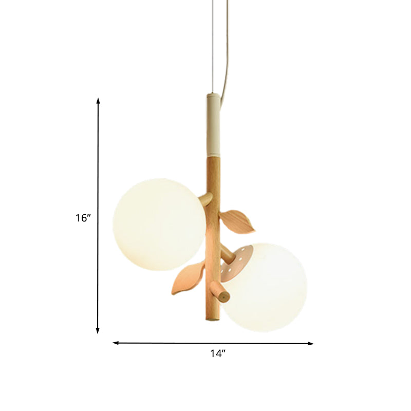 Modernist Ball Chandelier White Frosted Glass 2/3 Heads Dining Room Wood Ceiling Lamp with Vertical Branch Rod Clearhalo 'Ceiling Lights' 'Chandeliers' 'Glass shade' 'Glass' 'Modern Chandeliers' 'Modern' Lighting' 731208