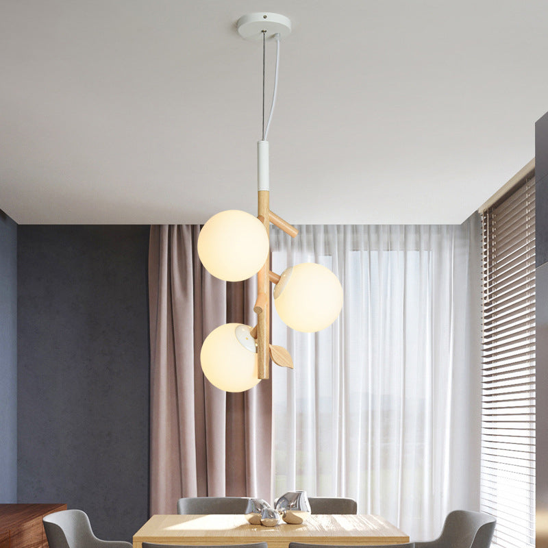 Modernist Ball Chandelier White Frosted Glass 2/3 Heads Dining Room Wood Ceiling Lamp with Vertical Branch Rod Clearhalo 'Ceiling Lights' 'Chandeliers' 'Glass shade' 'Glass' 'Modern Chandeliers' 'Modern' Lighting' 731210