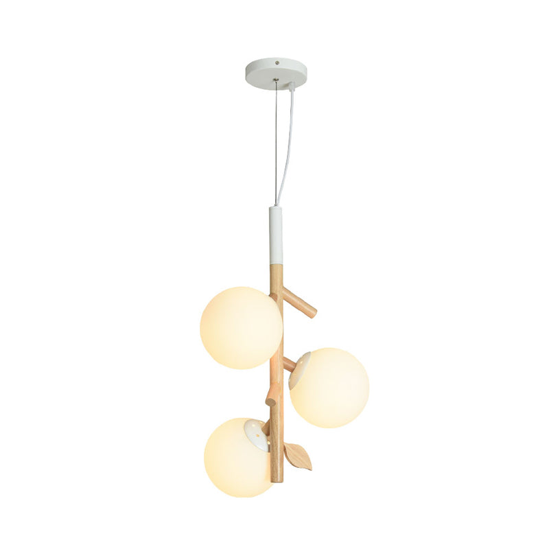 Modernist Ball Chandelier White Frosted Glass 2/3 Heads Dining Room Wood Ceiling Lamp with Vertical Branch Rod Clearhalo 'Ceiling Lights' 'Chandeliers' 'Glass shade' 'Glass' 'Modern Chandeliers' 'Modern' Lighting' 731211