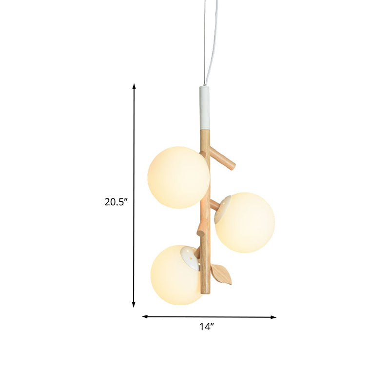 Modernist Ball Chandelier White Frosted Glass 2/3 Heads Dining Room Wood Ceiling Lamp with Vertical Branch Rod Clearhalo 'Ceiling Lights' 'Chandeliers' 'Glass shade' 'Glass' 'Modern Chandeliers' 'Modern' Lighting' 731212