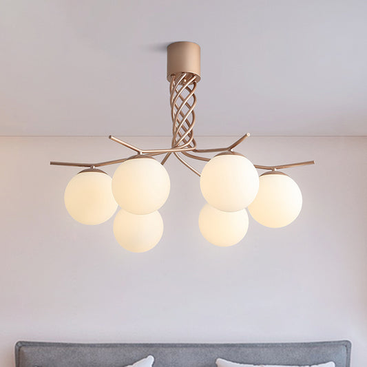 Contemporary Spiral Chandelier Light Iron 6-Head Pendant in Rose Gold with Sphere White Glass Shade Rose Gold Clearhalo 'Ceiling Lights' 'Chandeliers' 'Glass shade' 'Glass' 'Modern Chandeliers' 'Modern' Lighting' 731218