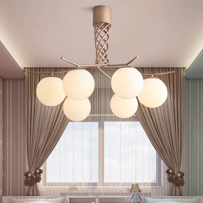 Contemporary Spiral Chandelier Light Iron 6-Head Pendant in Rose Gold with Sphere White Glass Shade Clearhalo 'Ceiling Lights' 'Chandeliers' 'Glass shade' 'Glass' 'Modern Chandeliers' 'Modern' Lighting' 731220