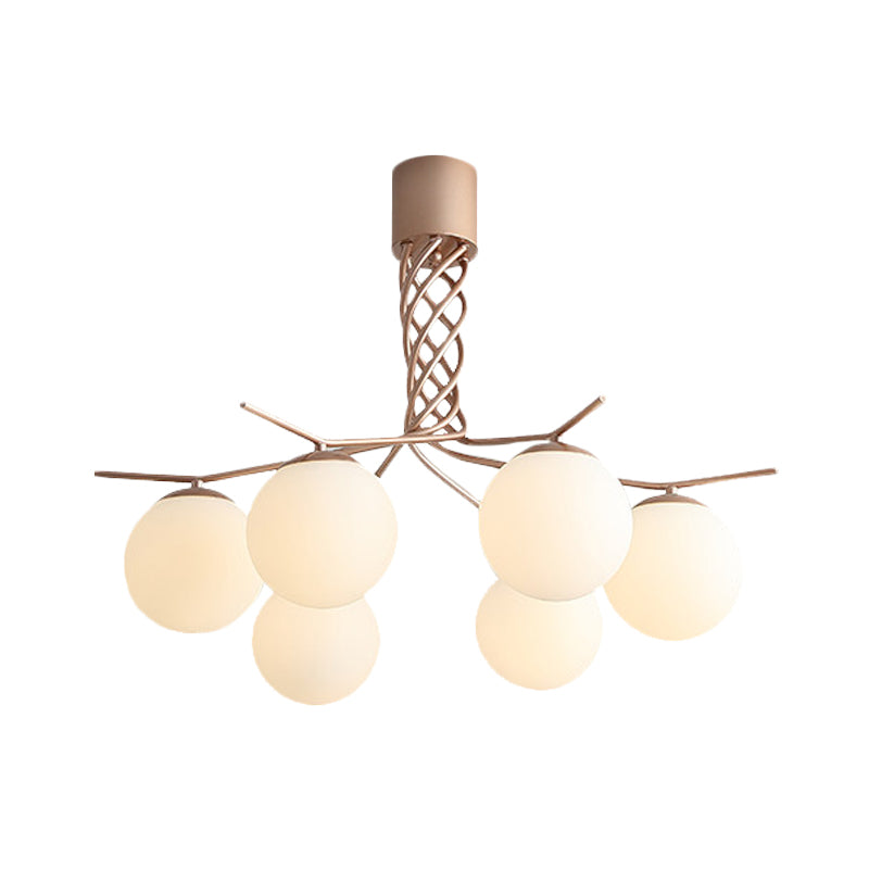 Contemporary Spiral Chandelier Light Iron 6-Head Pendant in Rose Gold with Sphere White Glass Shade Clearhalo 'Ceiling Lights' 'Chandeliers' 'Glass shade' 'Glass' 'Modern Chandeliers' 'Modern' Lighting' 731221