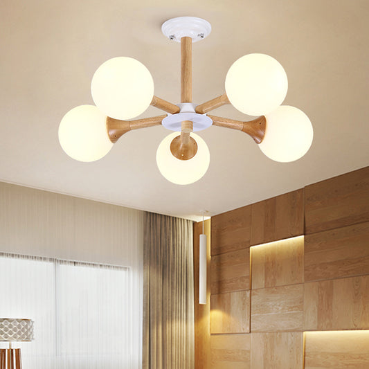 Radial Bedroom Pendant Chandelier Wood 5-Bulb Modern Hanging Lamp Kid with Orb White Glass Shade White Clearhalo 'Ceiling Lights' 'Chandeliers' 'Glass shade' 'Glass' 'Modern Chandeliers' 'Modern' Lighting' 731223