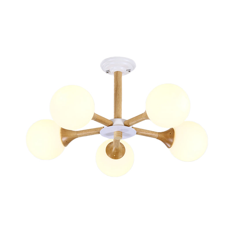 Radial Bedroom Pendant Chandelier Wood 5-Bulb Modern Hanging Lamp Kid with Orb White Glass Shade Clearhalo 'Ceiling Lights' 'Chandeliers' 'Glass shade' 'Glass' 'Modern Chandeliers' 'Modern' Lighting' 731225