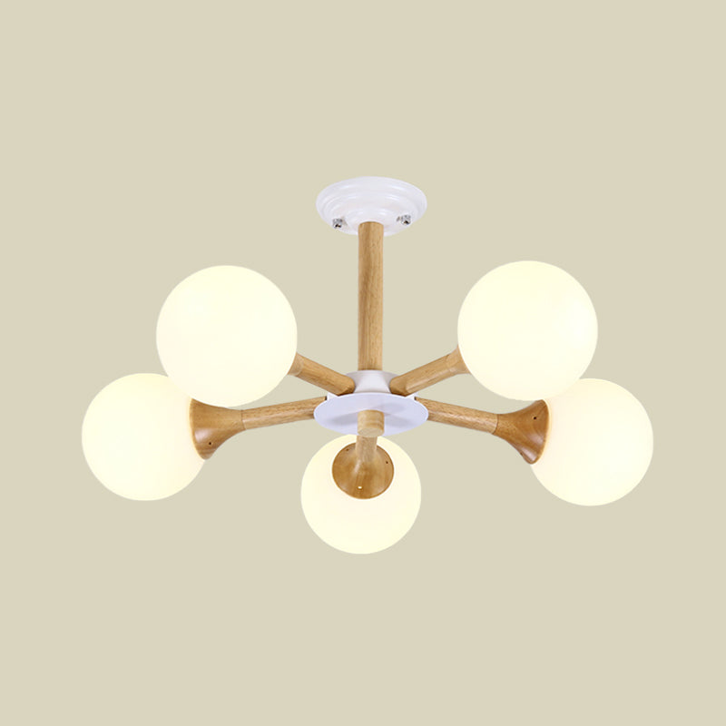 Radial Bedroom Pendant Chandelier Wood 5-Bulb Modern Hanging Lamp Kid with Orb White Glass Shade Clearhalo 'Ceiling Lights' 'Chandeliers' 'Glass shade' 'Glass' 'Modern Chandeliers' 'Modern' Lighting' 731226