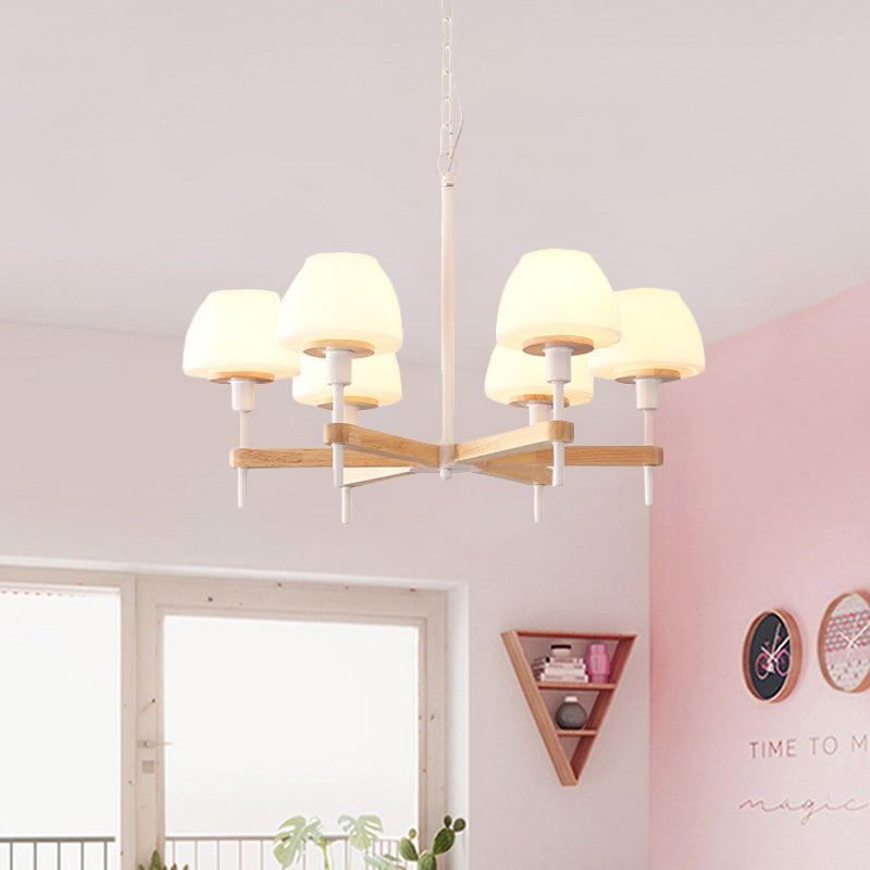 Modernist Jar Shape Hanging Light Frosted White Glass 6 Lights Bedroom Radial Chandelier in Wood White Clearhalo 'Ceiling Lights' 'Chandeliers' 'Glass shade' 'Glass' 'Modern Chandeliers' 'Modern' Lighting' 731228