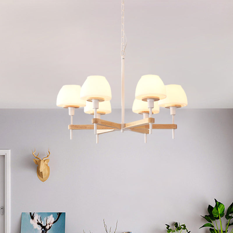 Modernist Jar Shape Hanging Light Frosted White Glass 6 Lights Bedroom Radial Chandelier in Wood Clearhalo 'Ceiling Lights' 'Chandeliers' 'Glass shade' 'Glass' 'Modern Chandeliers' 'Modern' Lighting' 731229